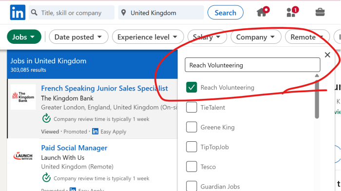 A screenshot showing where to find the LinkedIn jobs dropdown
