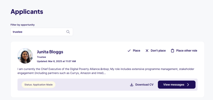 Placing via the applicants tab