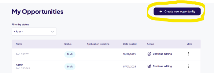 Screenshot showing create new opportunity button