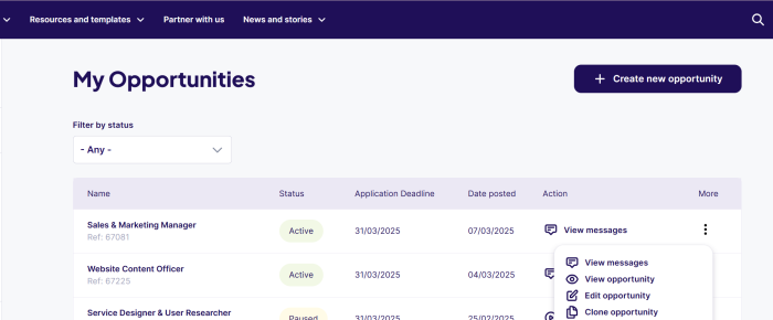 Screenshot showing my opportunities dashboard 