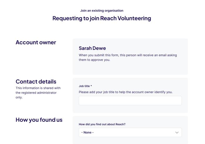 Screenshot showing request to join Reach Volunteering form