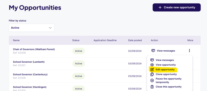 Screenshot showing my opportunities page