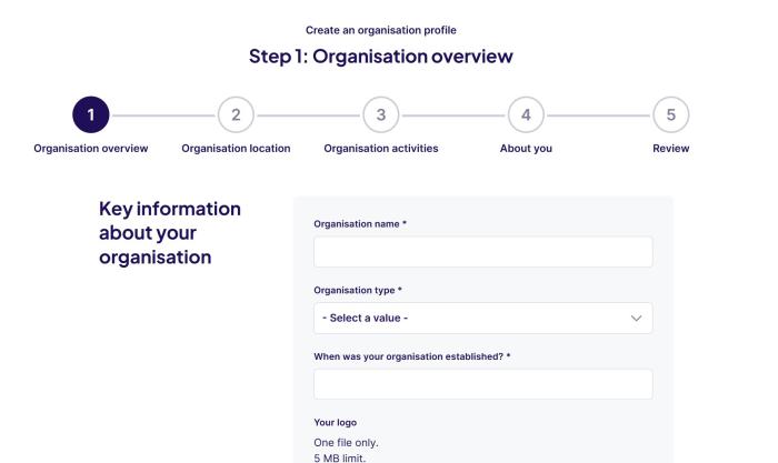 Screenshot showing organisation form 