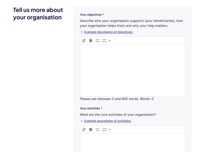 Screenshot showing organisation form