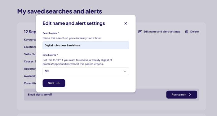 Screenshot showing my saved searches and alerts page