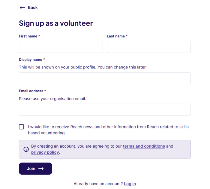 Screenshot showing sign up form