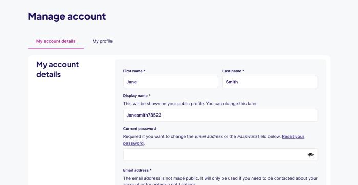 Screenshot showing manage account form