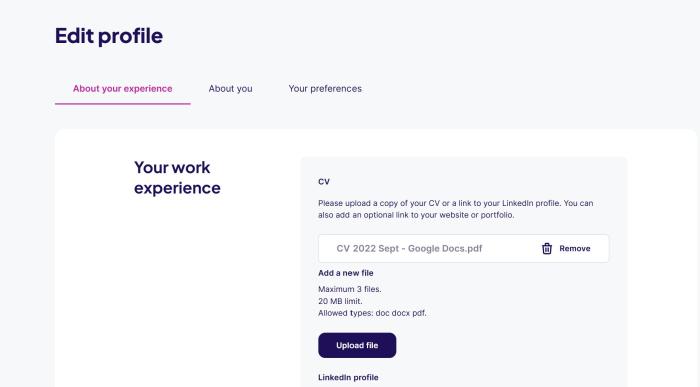 Screenshot showing edit profile form